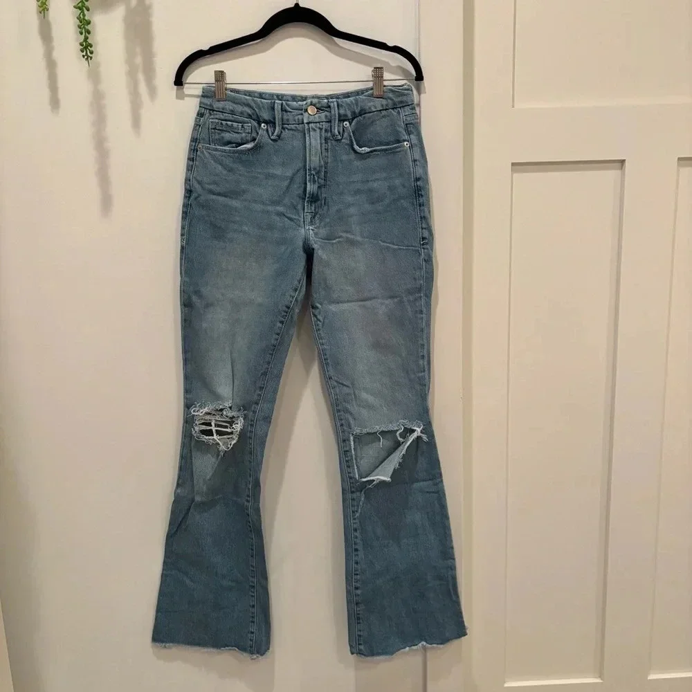 Good American Womens Denim High Rise Jeans Bootcut Distressed Size 8/29 RN151301